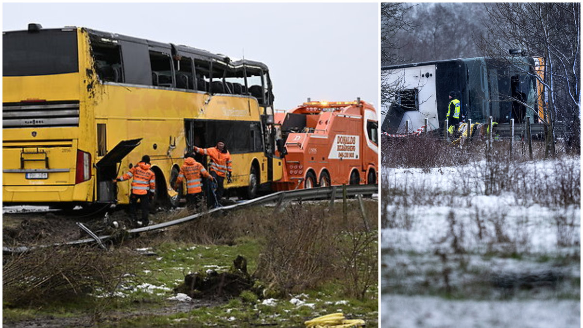 På fredagseftermiddagen pågick arbetet med att bärga tvåvåningsbussen. Flera personer fick föras till sjukhus efter att en Skåneexpressen-buss åkt i diket på E22:an strax utanför Hörby.